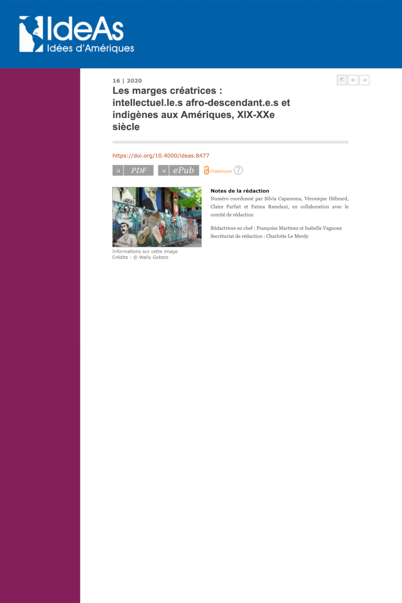 Couverture de Les marges créatrices : intellectuel.le.s afro-descendant.e.s et indigènes aux Amériques, XIXe-XXe siècle, 2020