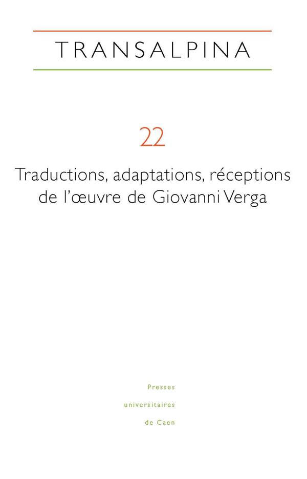 Couverture de Traductions, adaptations, réceptions de l'œuvre de Giovanni Verga, 2019