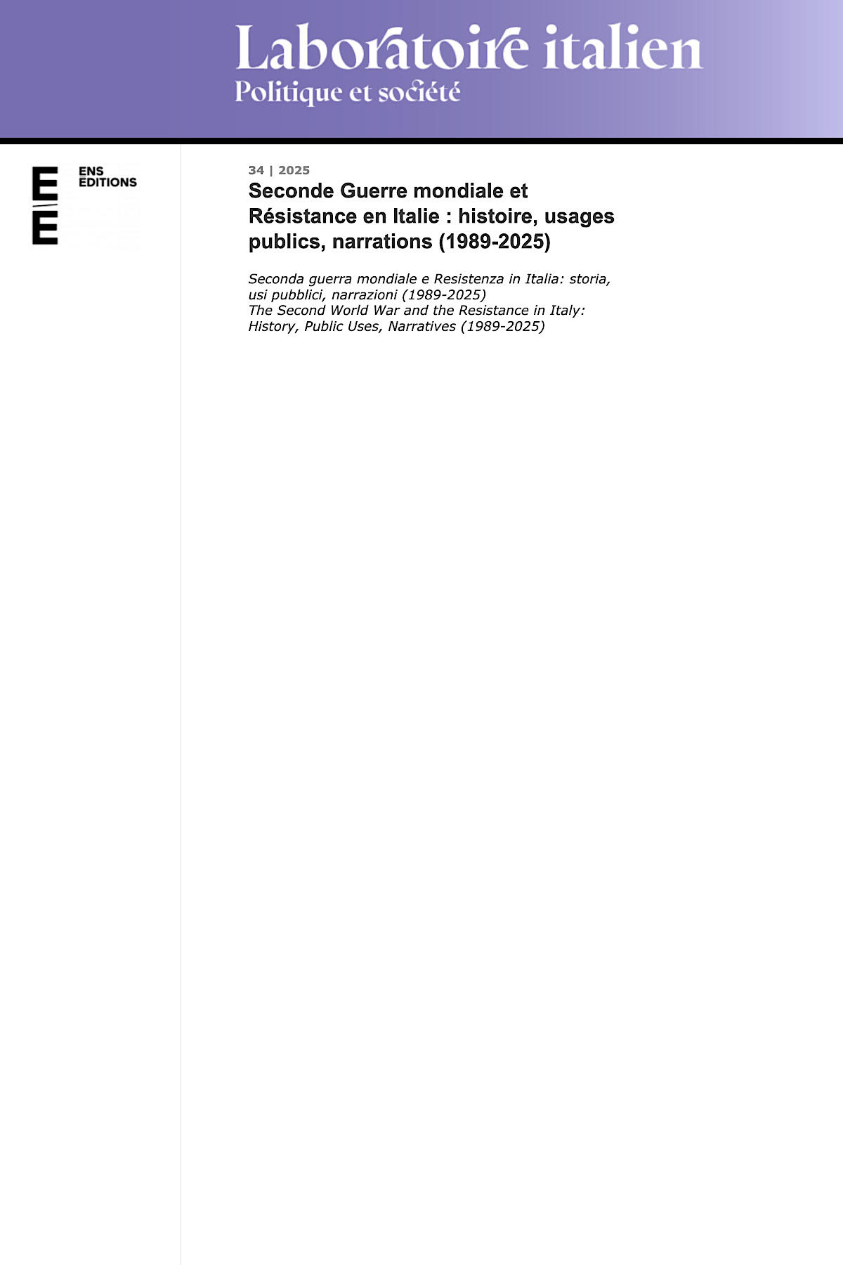 Couverture de Seconde Guerre mondiale et Résistance en Italie : histoire, usages publics, narrations (1989-2025), 2025